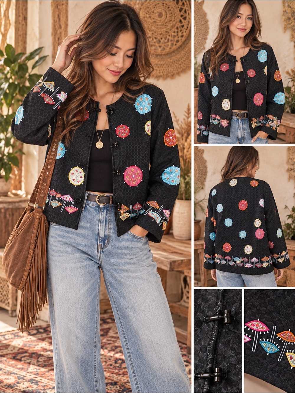 Julia Kim Embroidered Parasol Black Jacket Boho Size S